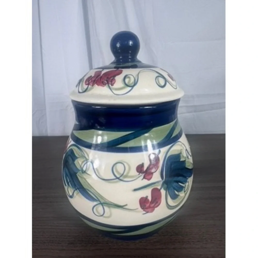 Gail Pittman 1994 Hand Painted Lidded Canister Blue & Floral Art‎ Pottery